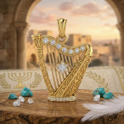 Magnificent 14K Gold King David's Harp (Nevel David) Pendant with Magen David and Lab Grown Diamonds