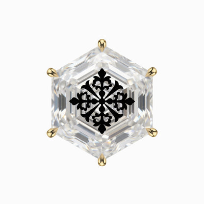 עגיל יהלום מעבדה משושה Hexagonal עם חריטת לייזר מנדלה גיאומטרית – זהב 14 קראט צהוב/לבן/רוז גולד – עגיל ייחודי
