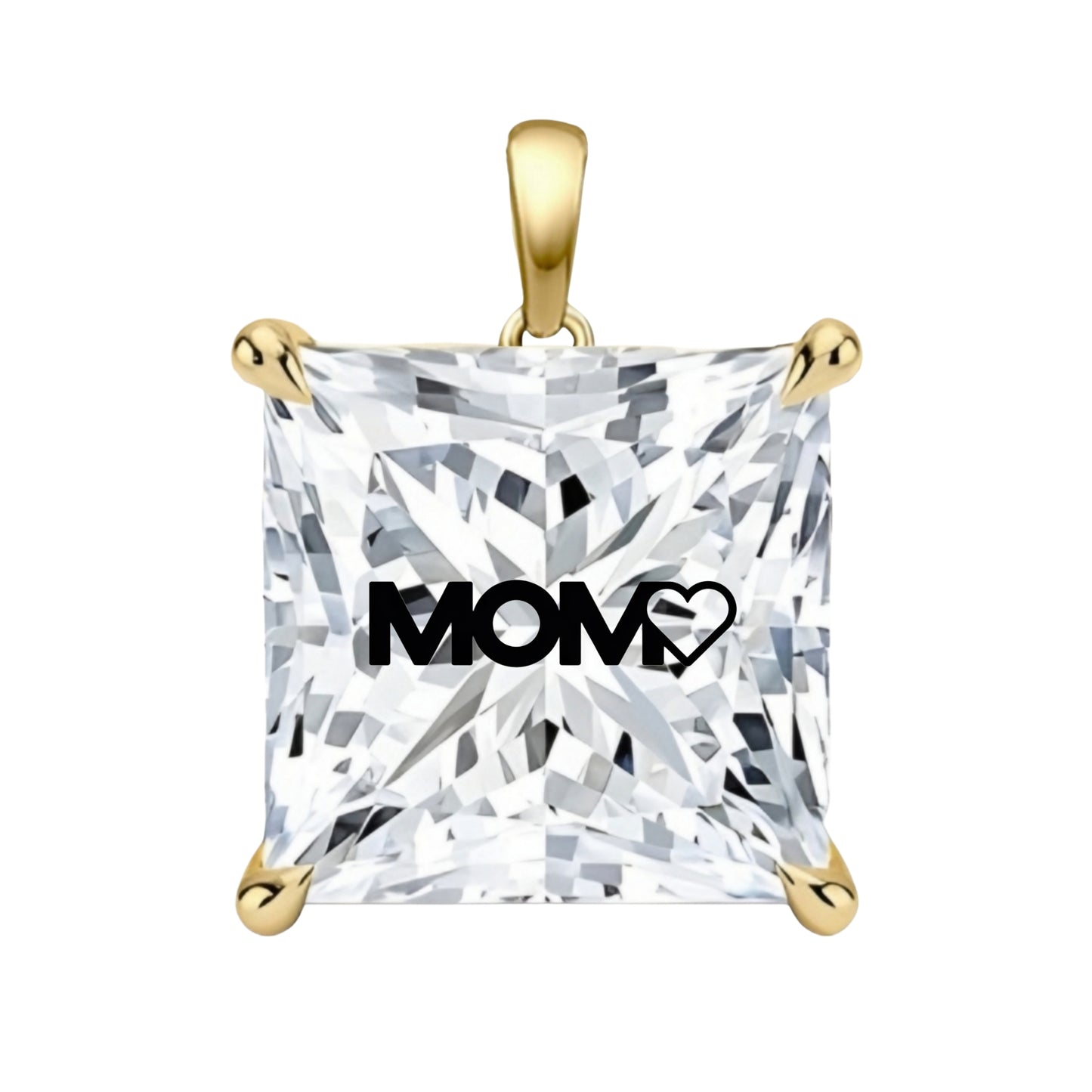 תליון יהלום מעבדה פרינסס עם חריטת לייזר MOM - זהב 14 קראט צהוב/לבן/רוז גולד