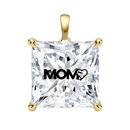 תליון יהלום מעבדה פרינסס עם חריטת לייזר MOM - זהב 14 קראט צהוב/לבן/רוז גולד