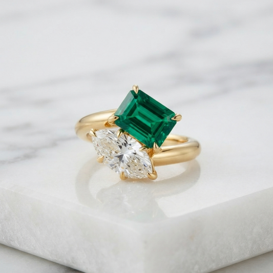 Toi Et Moi Ring Lab Grown Diamond Marquise & Lab Grown Emerald 14K Yellow/White/Rose Gold