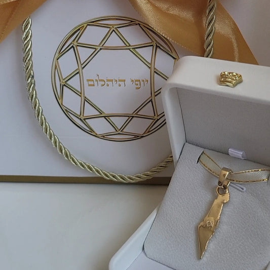 תליון גדול מפת ארץ ישראל עם מגן דוד זהב 14 קראט צהוב/לבן/רוז גולד - עיצוב מיוחד לשרשרת זהב עבה