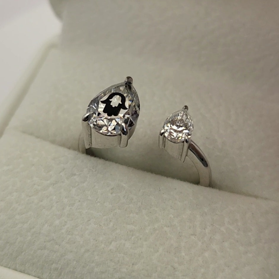 Laser Engrave Onto Center Of Lab Grown Diamond Pears Ring Hamsa Engraved 14K Gold