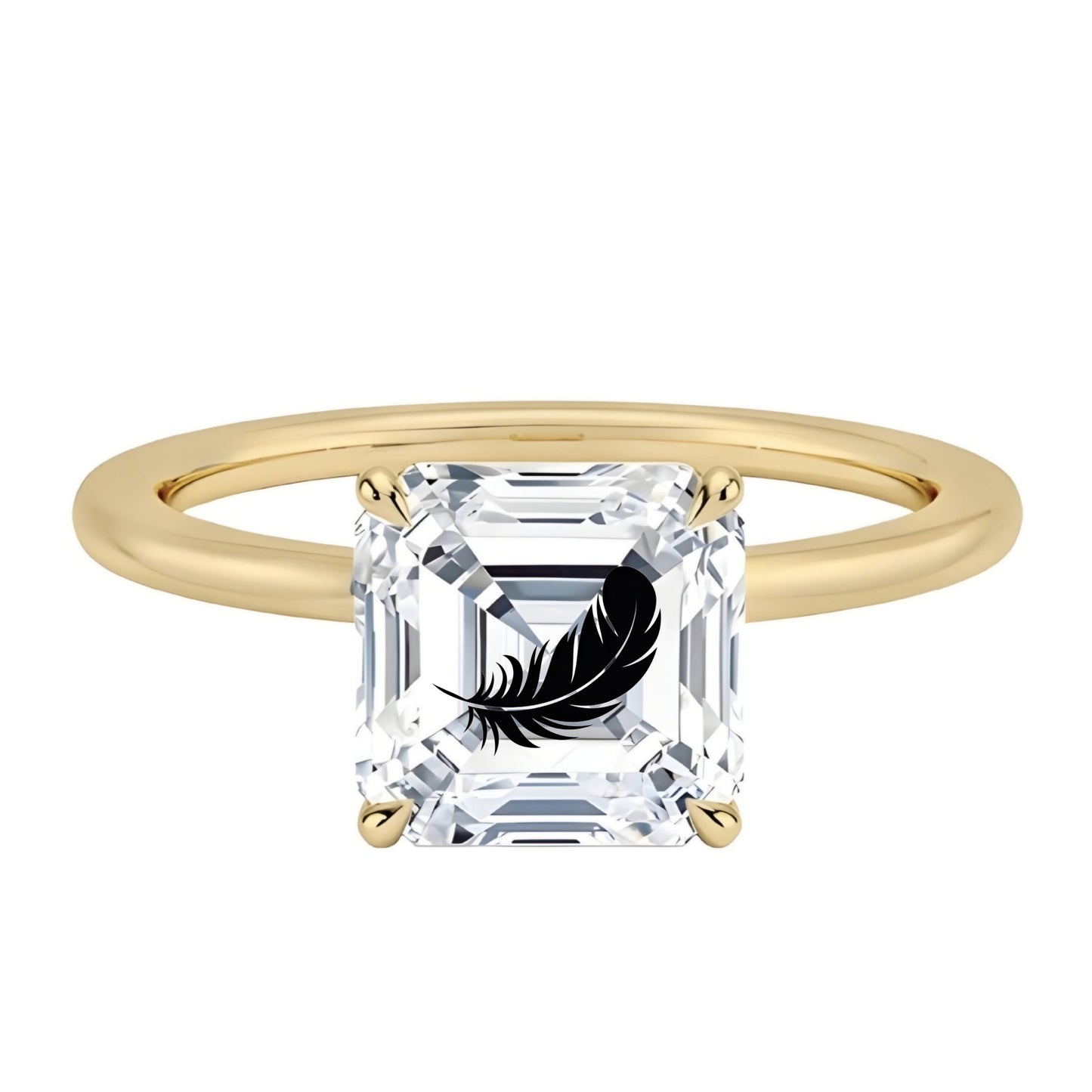 טבעת אבן מוסונייט אשר עם חריטת לייזר נוצה - זהב 14 קראט צהוב/לבן/רוז גולד