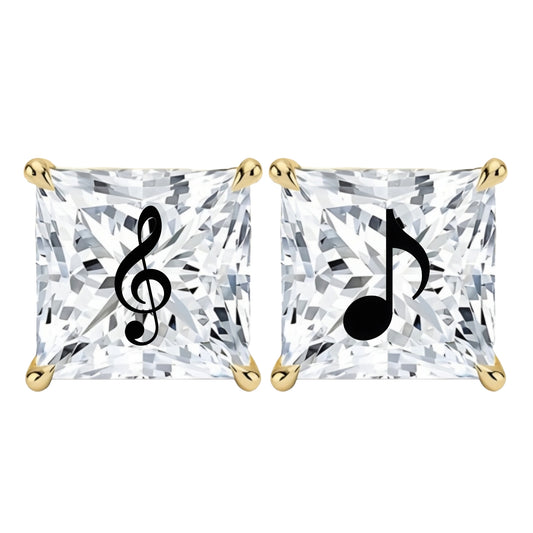 Lab Grown Diamond Princess Earrings With Music Notes Laser Engraved On The Diamond 14K Gold