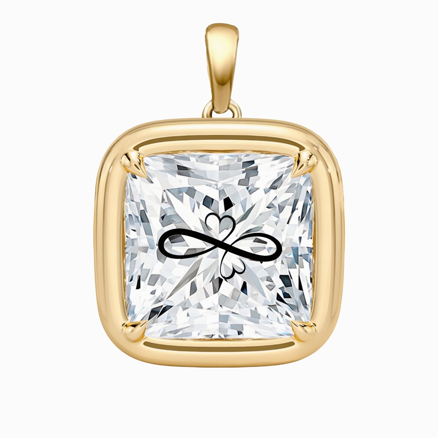 Laser Engrave On Lab Grown Diamond Princess Bezel Prongs Pendant Infinity Love Engraved 14K Gold