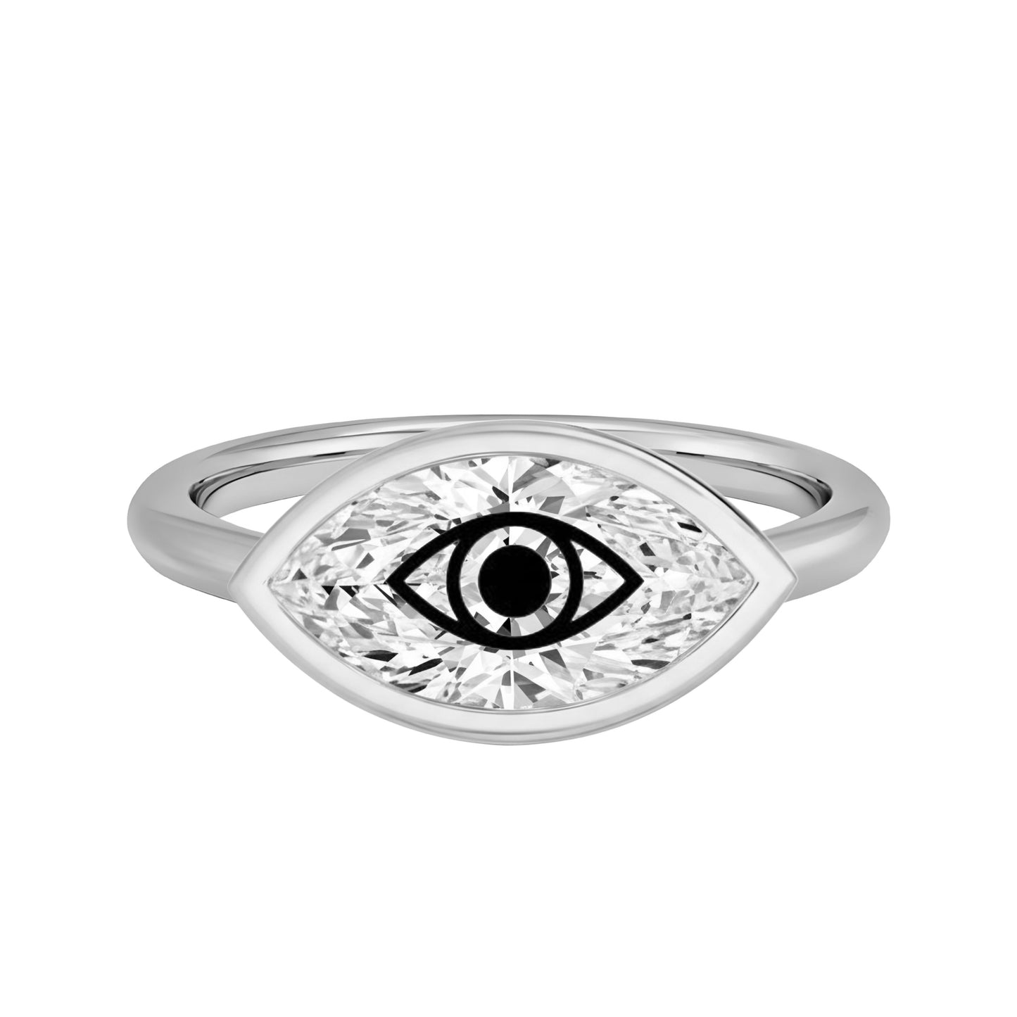 טבעת חותם אבן מוסונייט מרקיזה עם חריטת לייזר עין הרע - כסף 925