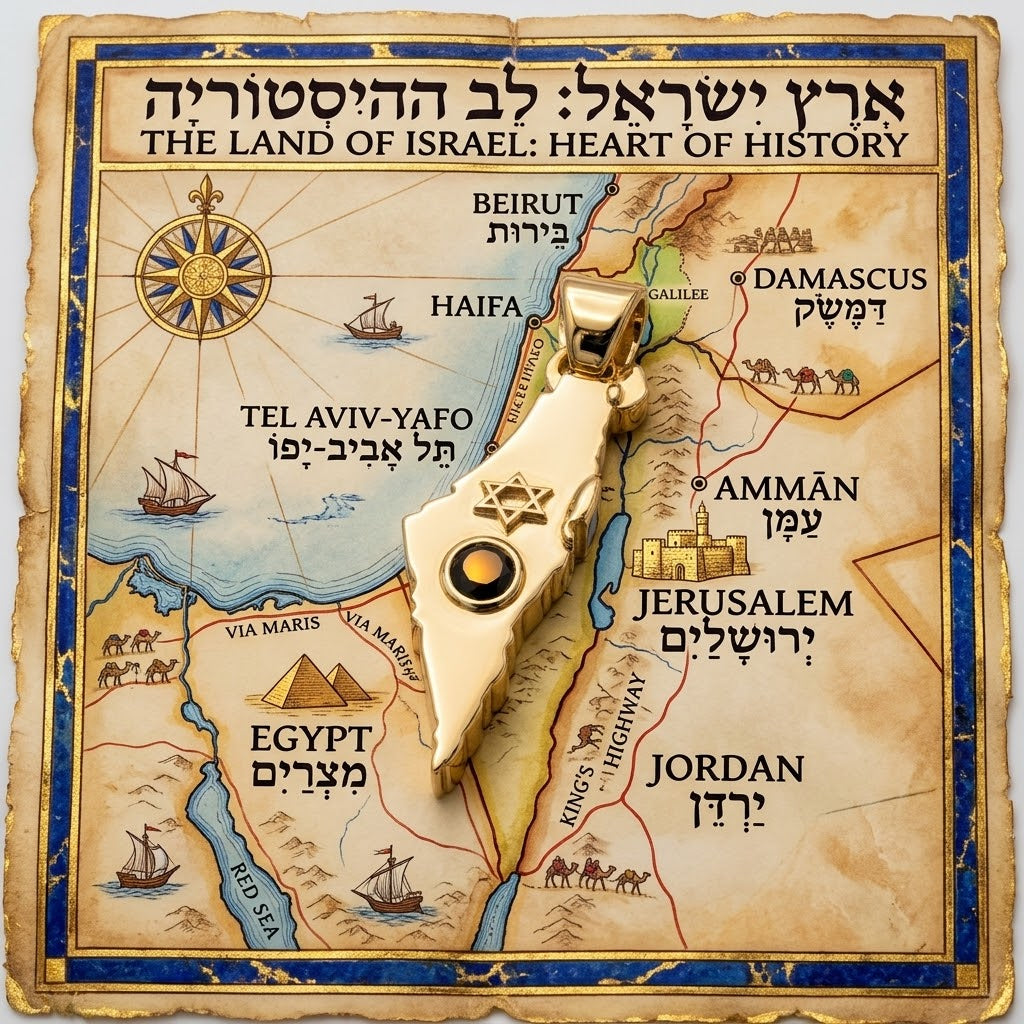 תליון גדול מפת ארץ ישראל עם מגן דוד בשיבוץ אבן מוסונייט שחורה זהב 14 קראט צהוב/לבן/רוז גולד - עיצוב מיוחד לשרשרת זהב עבה