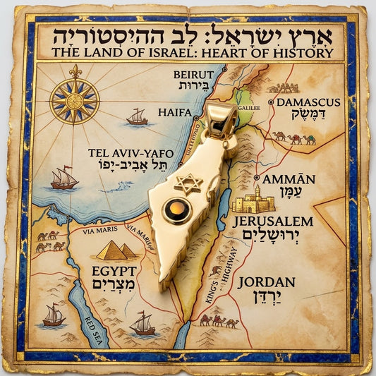 תליון גדול מפת ארץ ישראל עם מגן דוד בשיבוץ אבן מוסונייט שחורה זהב 14 קראט צהוב/לבן/רוז גולד - עיצוב מיוחד לשרשרת זהב עבה
