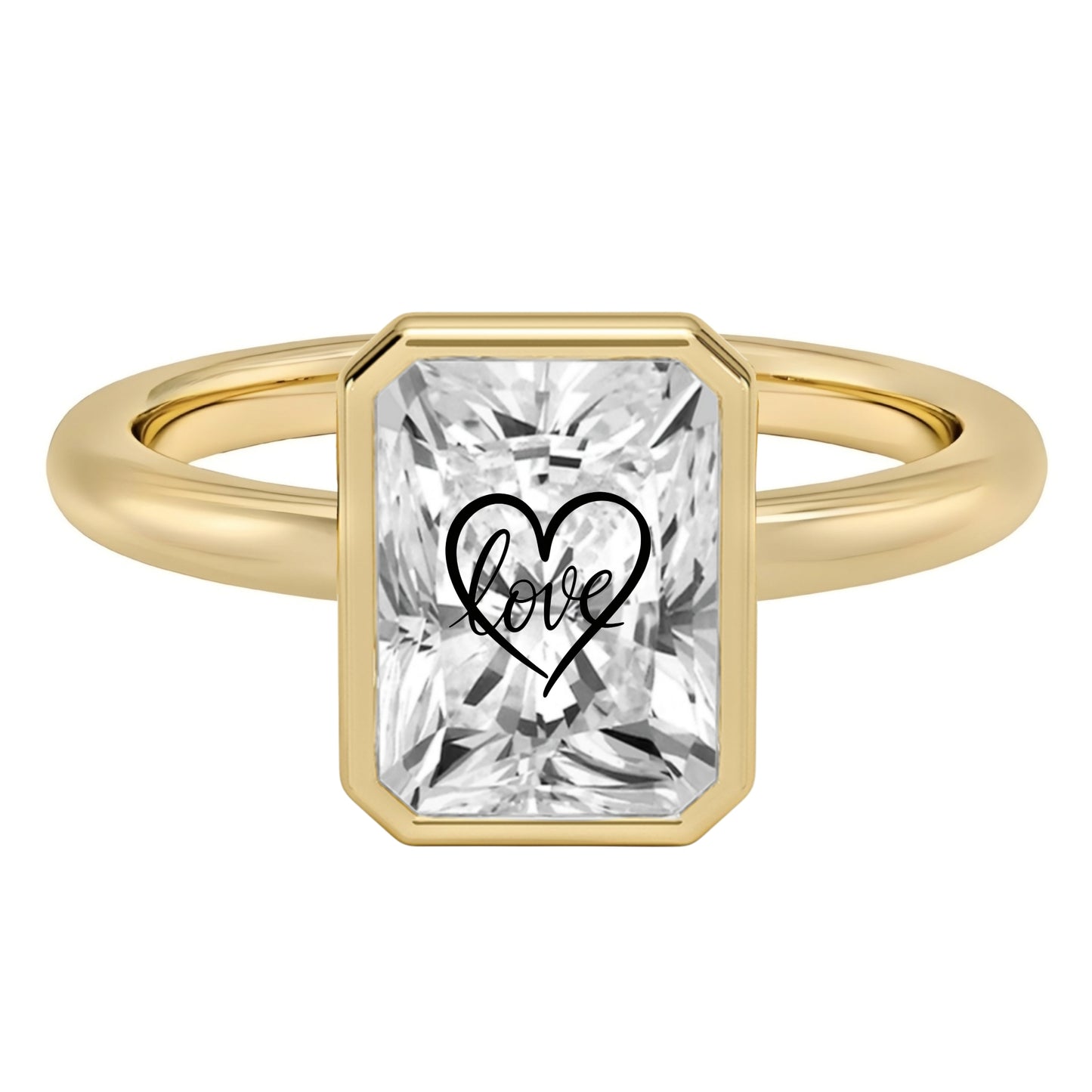 טבעת חותם יהלום מעבדה רדיאן עם חריטת לייזר לב Love - שיבוץ בזל זהב 14 קראט לבן/צהוב/רוז גולד