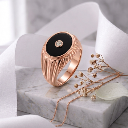 Oval Onyx Stone & Lab Grown Diamond Signet Ring 14K Yellow/White/Rose Gold