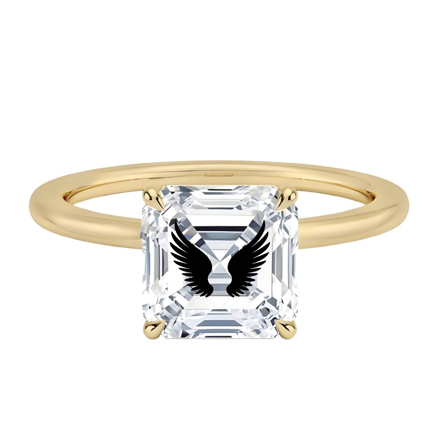 טבעת אבן מוסונייט אשר עם חריטת לייזר כנפיים - זהב 14 קראט צהוב/לבן/רוז גולד