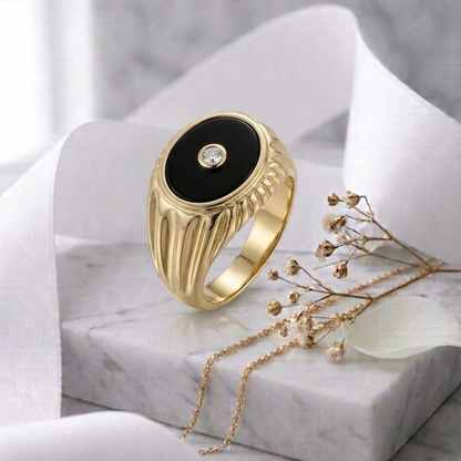 Oval Onyx Stone & Lab Grown Diamond Signet Ring 14K Yellow/White/Rose Gold