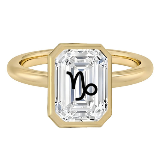 Laser Engrave Onto Center Of Lab Grown Diamond Emerald Bezel Signet Ring Zodiac Signs Engraved 14K Gold