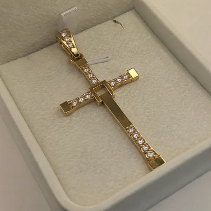 Big Solid Two-Part Swinging Cross Pendant Lab Grown Diamond Set Custom Engraving Of A Verse On The Back 14K Gold
