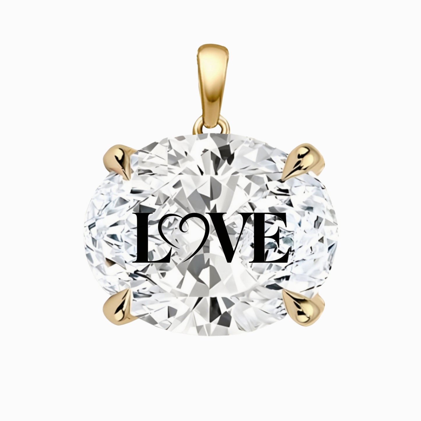 תליון יהלום מעבדה אובל עם חריטת לייזר LOVE - זהב 14 קראט צהוב/לבן/רוז גולד