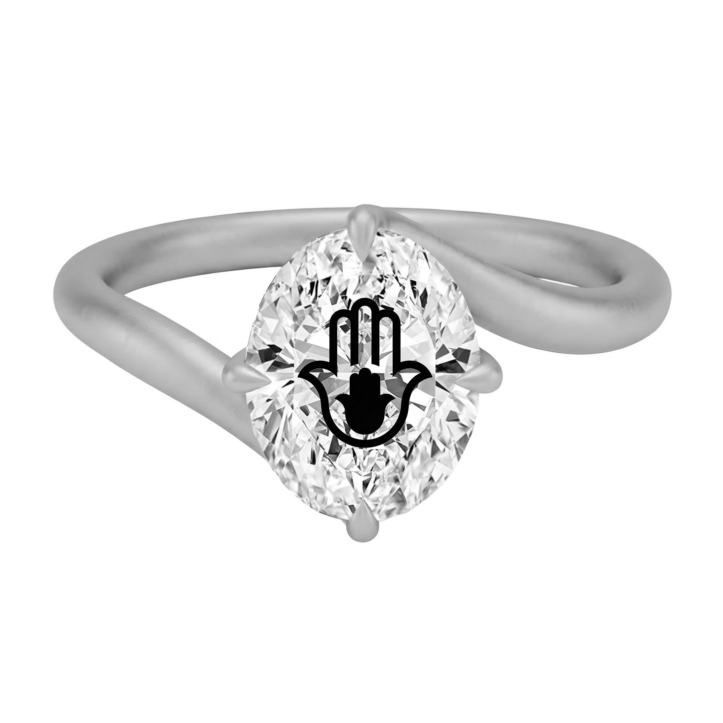 Laser Engrave Onto A Center Lab Grown Diamond Oval Twiat Ring Hamsa Engraved 14K Gold