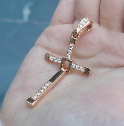 Big Solid Two-Part Swinging Cross Pendant Lab Grown Diamond Set Custom Engraving Of A Verse On The Back 14K Gold