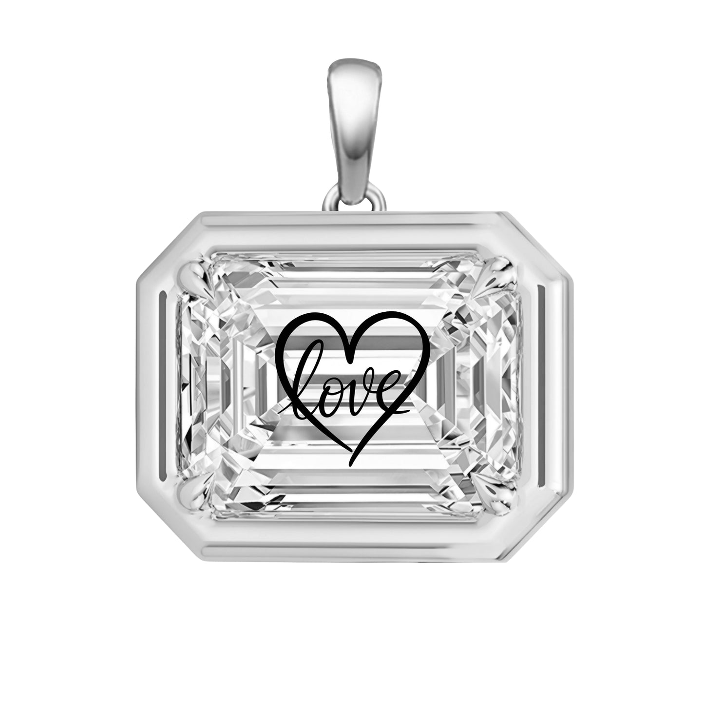 Laser Engrave On Lab Grown Diamond Emerald Bezel Prongs Pendant Love Heart Engraved 14K Gold