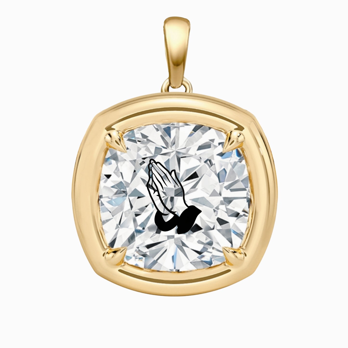Laser Engrave On Lab Grown Diamond Cushion Bezel Prongs Pendant Praying Hands Engraved 14K Gold