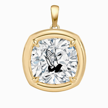 Laser Engrave On Lab Grown Diamond Cushion Bezel Prongs Pendant Praying Hands Engraved 14K Gold