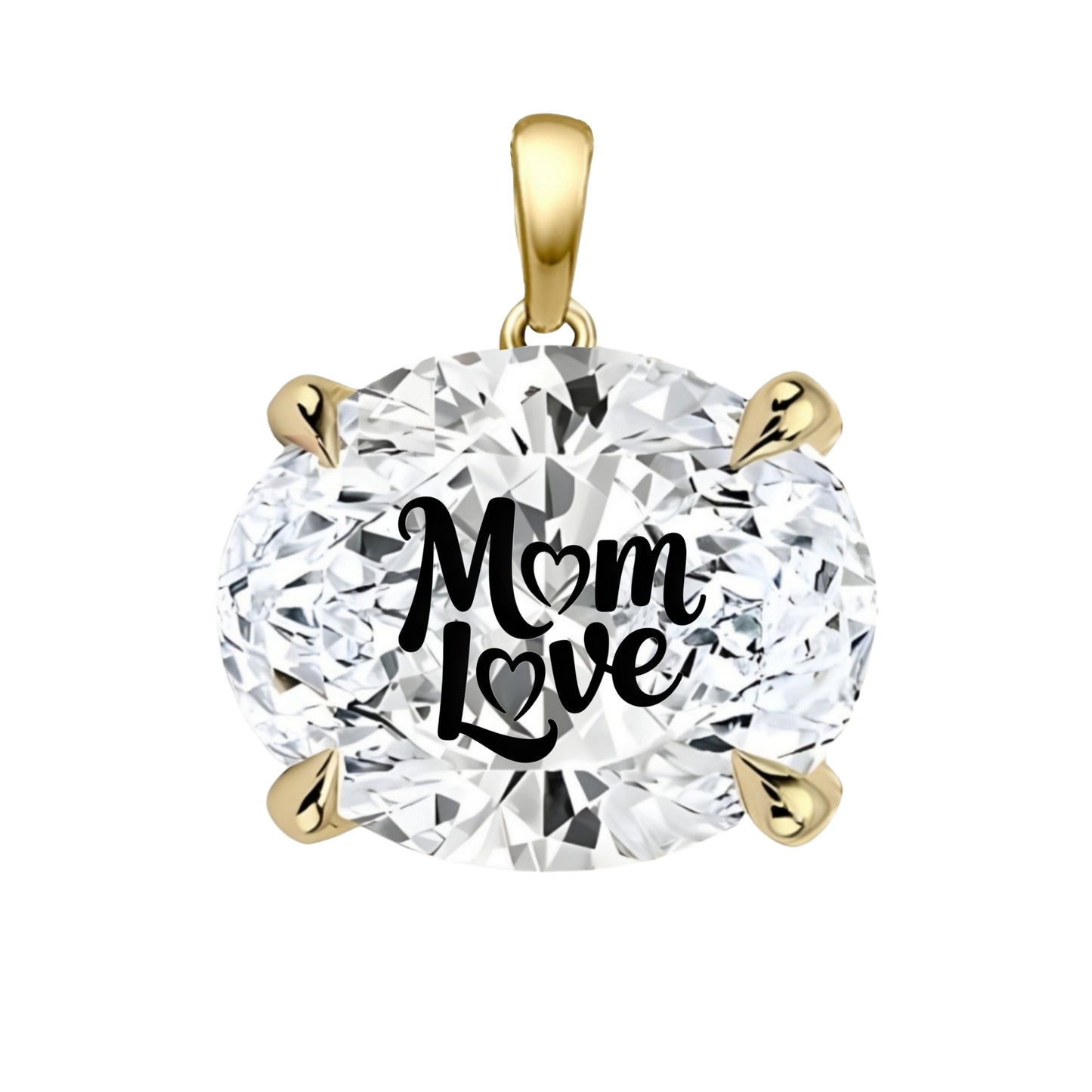 תליון אבן מוסונייט אובל עם חריטת לייזר MOM LOVE - זהב 14 קראט צהוב/לבן/רוז גולד