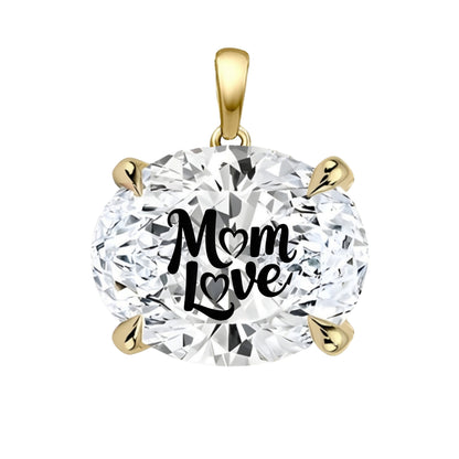 תליון אבן מוסונייט אובל עם חריטת לייזר MOM LOVE - זהב 14 קראט צהוב/לבן/רוז גולד