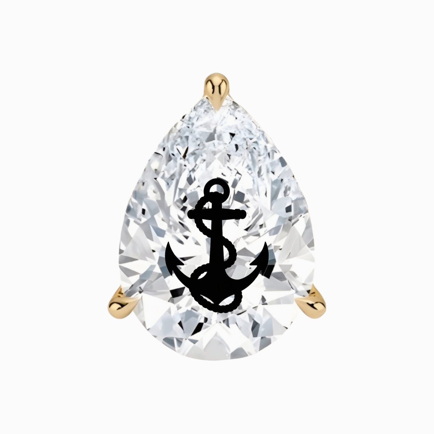 עגיל יהלום מעבדה טיפה עם חריטת לייזר עוגן – זהב 14 קראט לבן/צהוב/רוז גולד – עגיל ייחודי עם מסר מיוחד