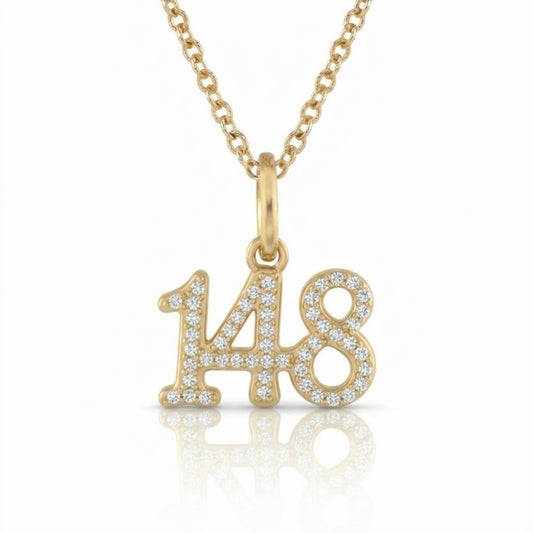 שרשרת תליון עדין מספר 148 גימטריה של רבי נחמן מברסלב בשיבוץ יהלומי מעבדה זהב 14 קראט צהוב/לבן/רוז גולד