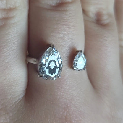 טבעת יהלומי מעבדה טיפה עם חריטת לייזר חמסה בחמסה - זהב 14 קראט צהוב/לבן/רוז גולד