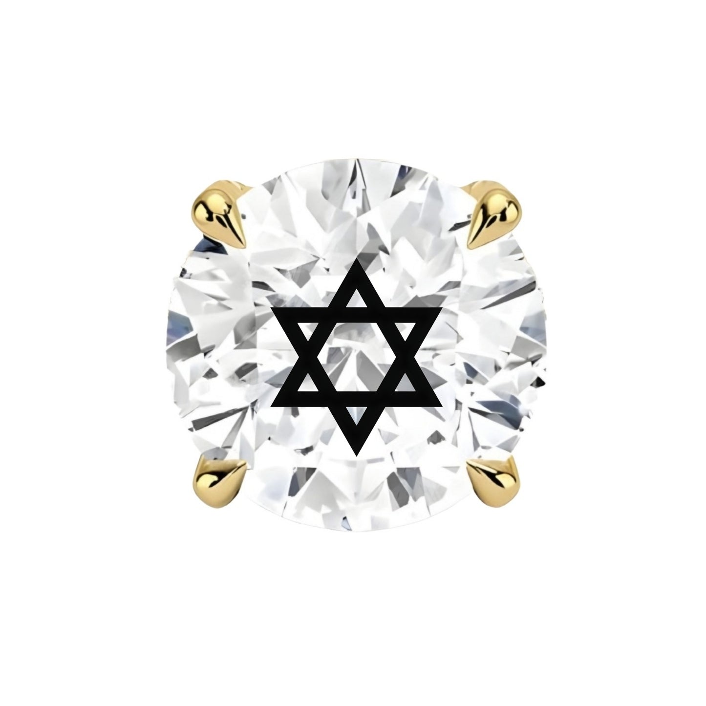 עגיל אבן מוסונייט עגול עם חריטת לייזר מגן דוד – זהב 14 קראט צהוב/לבן/רוז גולד – עגיל ייחודי עם מסר רוחני
