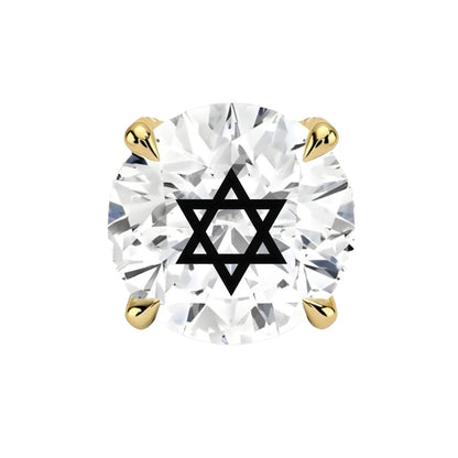 עגיל אבן מוסונייט עגול עם חריטת לייזר מגן דוד – זהב 14 קראט צהוב/לבן/רוז גולד – עגיל ייחודי עם מסר רוחני