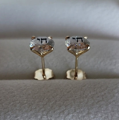 זוג עגילי אבן מוסונייט עגולים עם חריטת לייזר חי – זהב 14 קראט צהוב/לבן/רוז גולד – עגיל ייחודי עם מסר רוחני