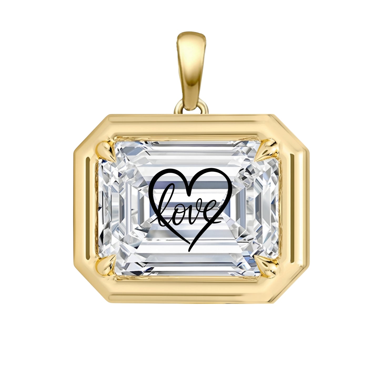 Laser Engrave On Lab Grown Diamond Emerald Bezel Prongs Pendant Love Heart Engraved 14K Gold