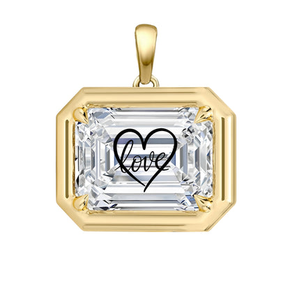 Laser Engrave On Lab Grown Diamond Emerald Bezel Prongs Pendant Love Heart Engraved 14K Gold