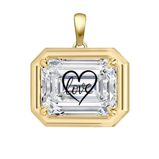 Laser Engrave On Lab Grown Diamond Emerald Bezel Prongs Pendant Love Heart Engraved 14K Gold