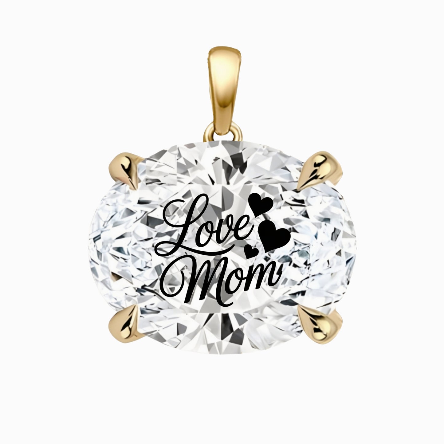 תליון יהלום מעבדה אובל עם חריטת לייזר LOVE MOM - זהב 14 קראט צהוב/לבן/רוז גולד