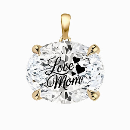 תליון יהלום מעבדה אובל עם חריטת לייזר LOVE MOM - זהב 14 קראט צהוב/לבן/רוז גולד