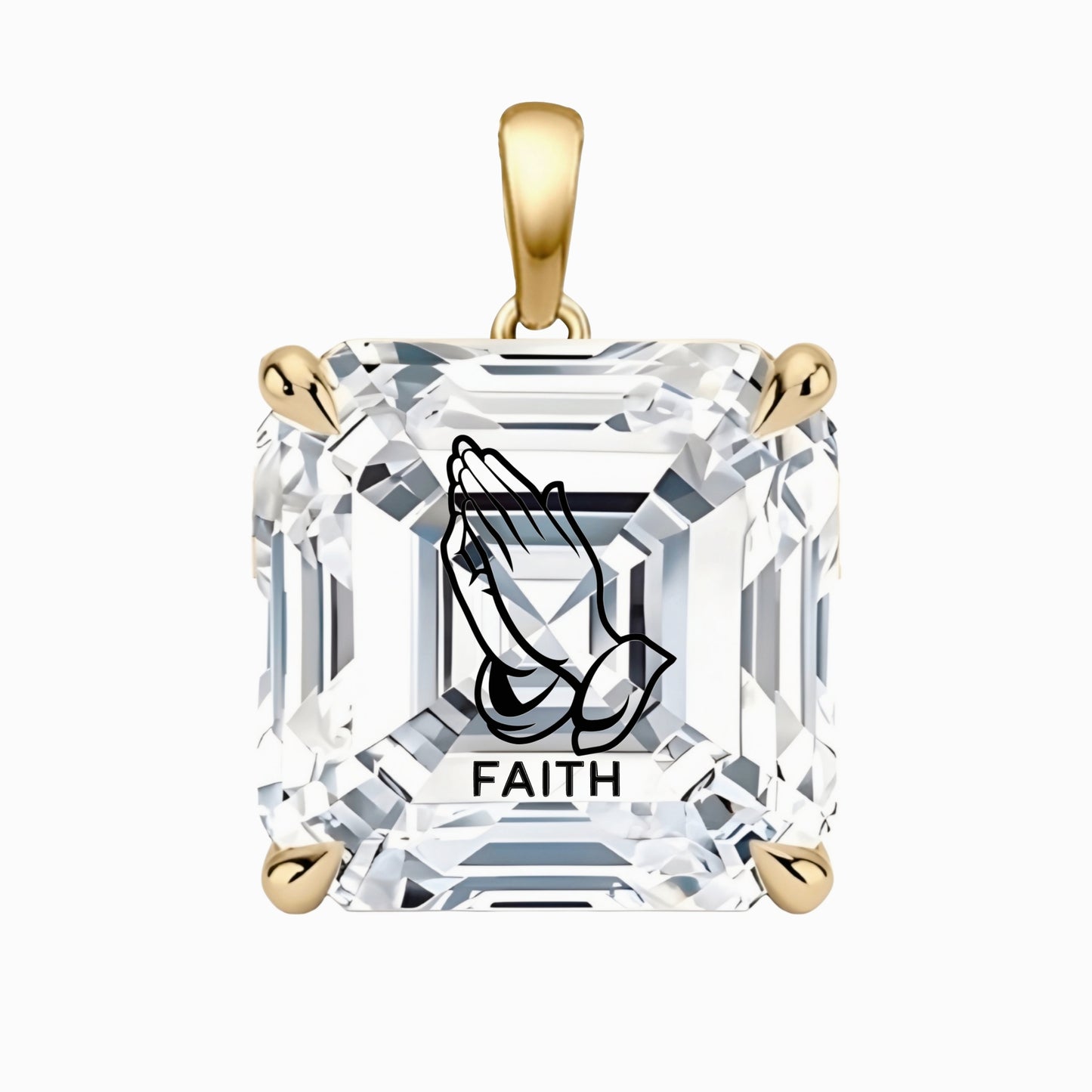 תליון יהלום מעבדה אשר עם חריטת לייזר ידיים מתפללות FAITH - זהב 14 קראט צהוב/לבן/רוז גולד