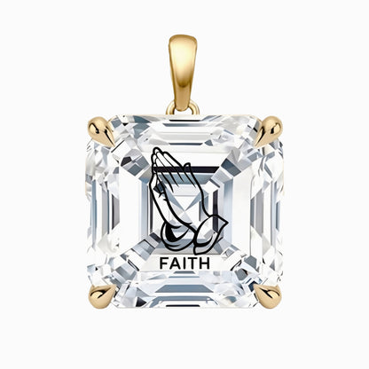 תליון יהלום מעבדה אשר עם חריטת לייזר ידיים מתפללות FAITH - זהב 14 קראט צהוב/לבן/רוז גולד