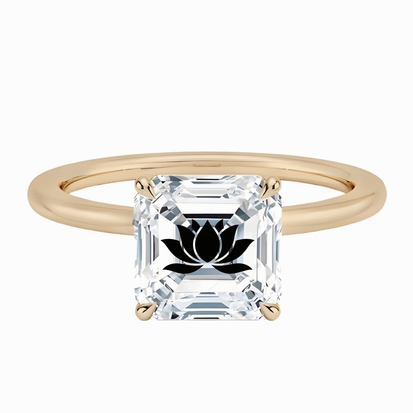 טבעת אבן מוסונייט אשר עם חריטת לייזר פרח לוטוס - זהב 14 קראט צהוב/לבן/רוז גולד