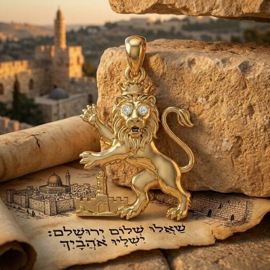 תליון אריה ירושלים עם חומות ירושלים בשיבוץ יהלומי מעבדה זהב 14 קראט צהוב/לבן/רוז גולד