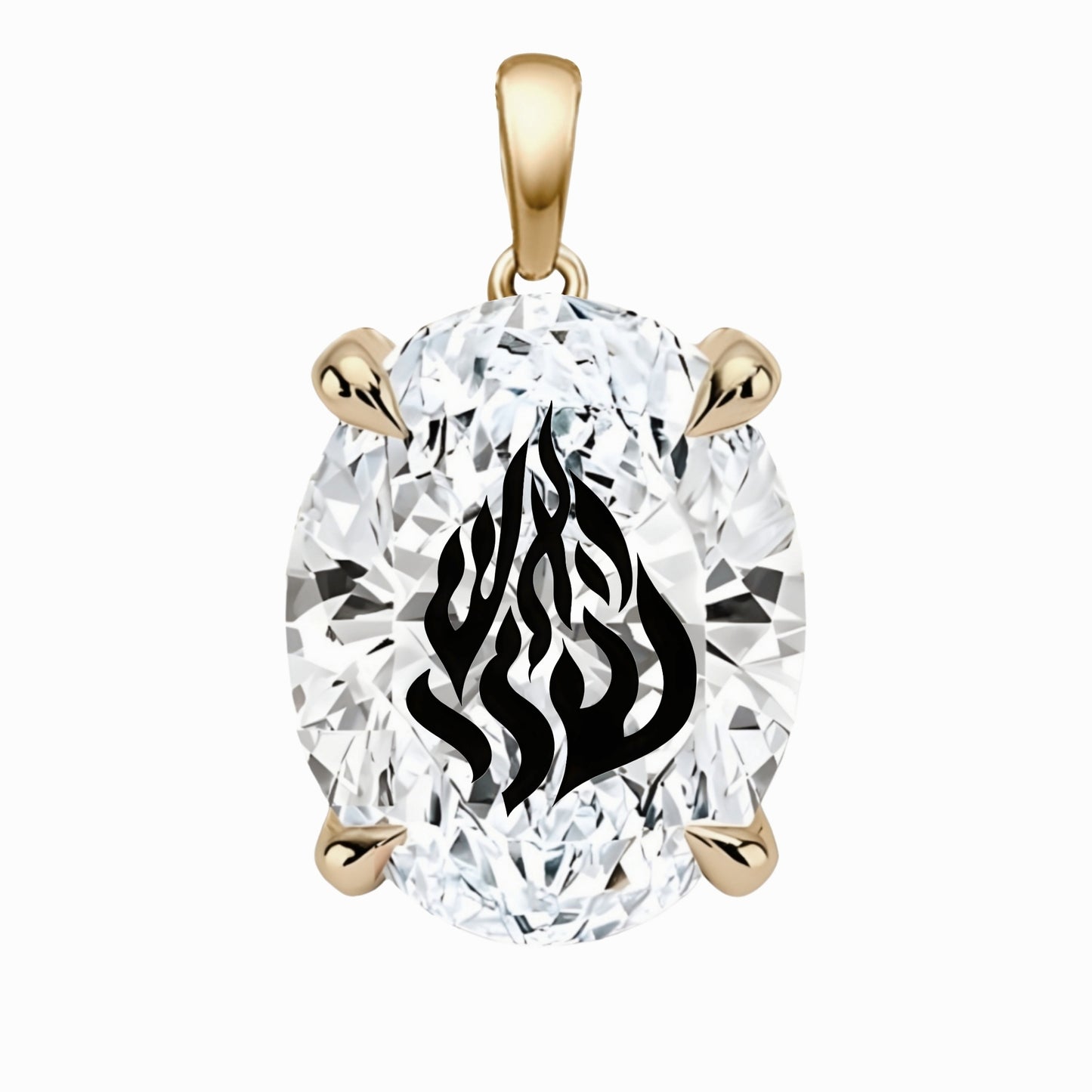 תליון אבן מוסונייט אובל עם חריטת לייזר האש שלי - זהב 14 קראט צהוב/לבן/רוז גולד
