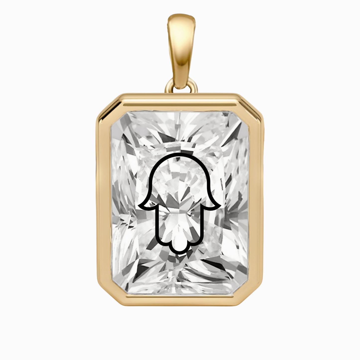 Laser Engrave Lab Grown Diamond Radiant Pendant Hamsa Engraved 14K Gold