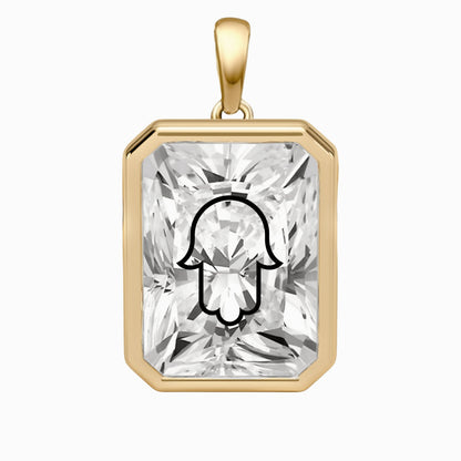 Laser Engrave Lab Grown Diamond Radiant Pendant Hamsa Engraved 14K Gold