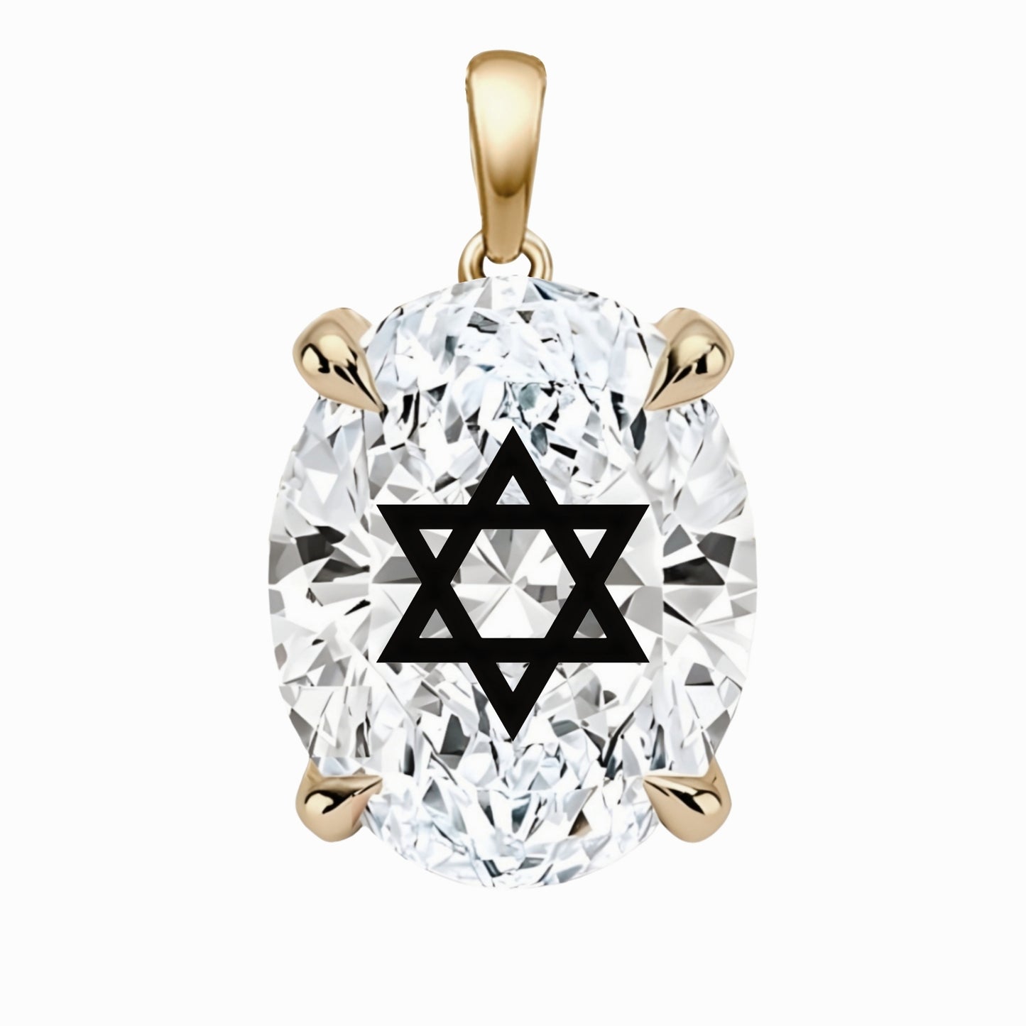 תליון אבן מוסונייט אובל עם חריטת לייזר מגן דוד - זהב 14 קראט צהוב/לבן/רוז גולד