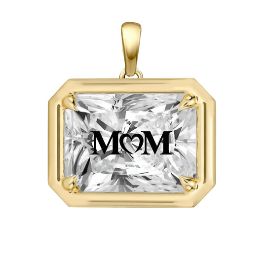 Laser Engrave On Lab Grown Diamond Radiant Bezel Prongs Pendant MOM Engraved 14K Gold