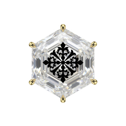 עגיל יהלום מעבדה משושה Hexagonal עם חריטת לייזר מנדלה גיאומטרית – זהב 14 קראט צהוב/לבן/רוז גולד – עגיל ייחודי