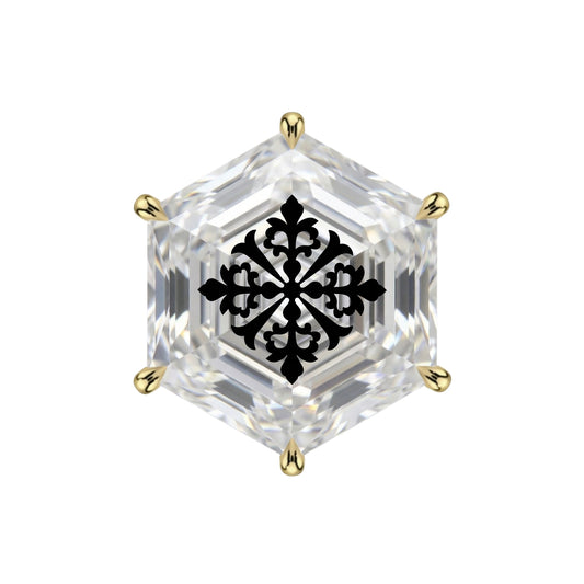 עגיל יהלום מעבדה משושה Hexagonal עם חריטת לייזר מנדלה גיאומטרית – זהב 14 קראט צהוב/לבן/רוז גולד – עגיל ייחודי