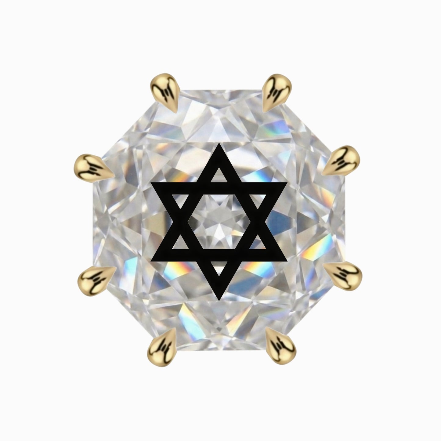 עגיל אבן מוסונייט מתומן Octagon Rose Cut עם חריטת לייזר מגן דוד – זהב 14 קראט צהוב/לבן/רוז גולד – עגיל ייחודי